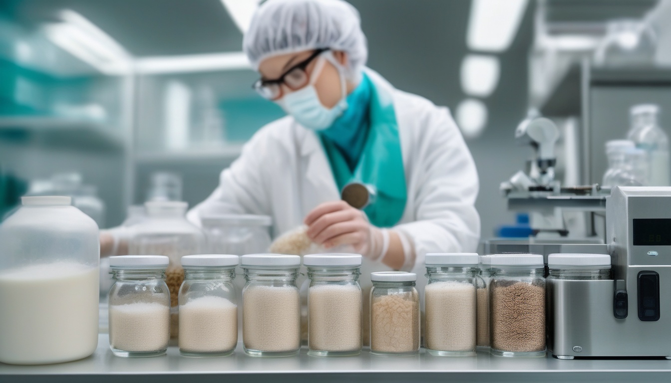 白衣の研究者が精密秤で麹を計量する食品開発ラボの作業風景